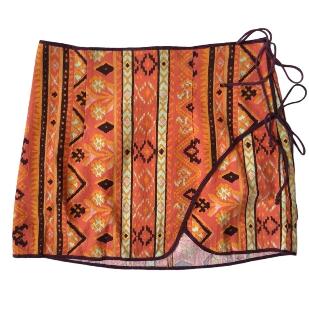 Free People Cleo Wrap Mini Skirt Rust Combo Ties Western Boho Orange Size 6